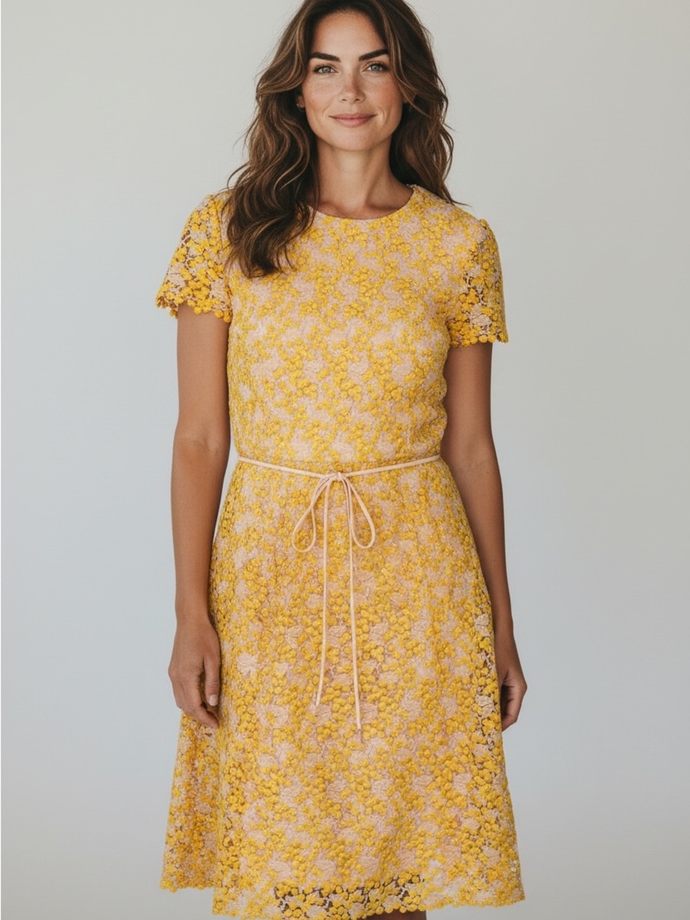 Monique Lhuillier Yellow Floral Lace Midi Dress